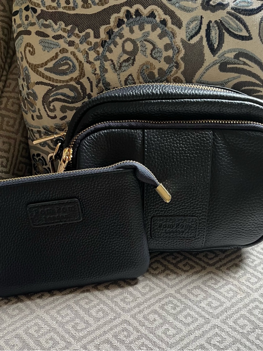 The Original Navy Pom Pom London Leather Crossbody Bag with Matching Pouch